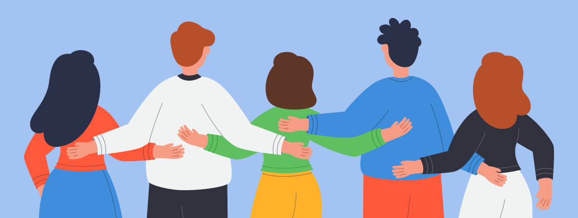 Back view of group of friends hugging eachother